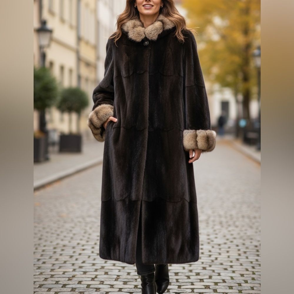 Authentic Vintage Virgin Mink Maxi Fur Coat Chincilla Hood Cuffs Approx Medium